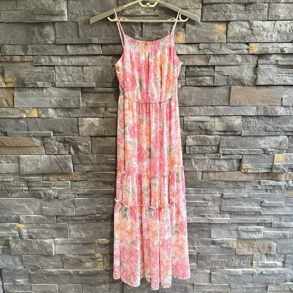 Altar’d State Tiered Maxi Floral Pink Dress Size Large NWT Coquette Slit Flowy - Picture 2 of 16